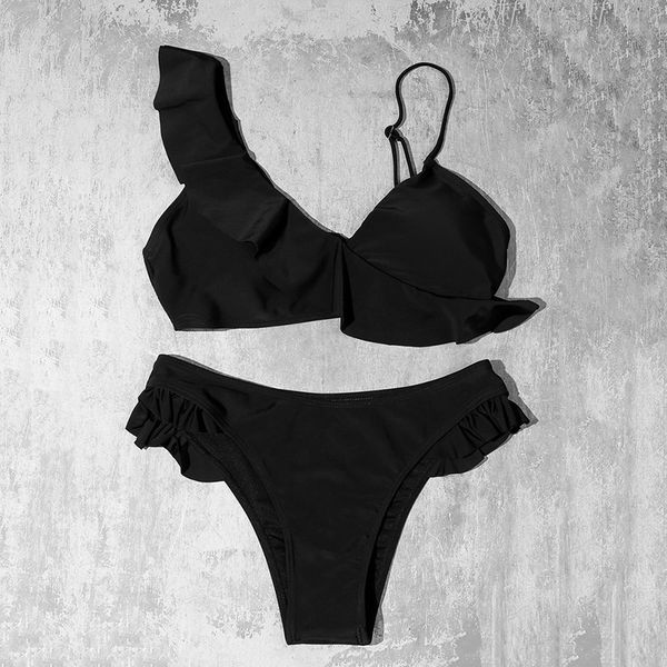 

solid bikini women's 2021 color asymmetrical ruffle swimsuit, Black;white