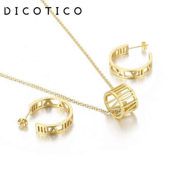 

earrings & necklace roman numerals women jewelry set chain stainless steel pendant necklaces sets accessories fashion choker 2021, Silver