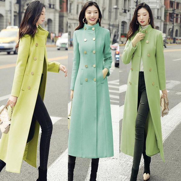 

women's wool & blends wear 2021 winter fashion elegant collar jacket double-breasted ladies pure color extra long, Black