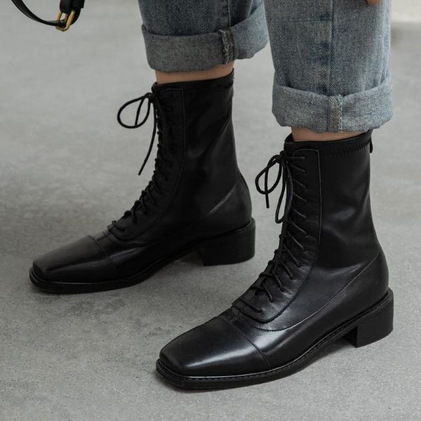 

boots brand genuine leather square heels shoelaces ankle stylish winter shoes women, Black
