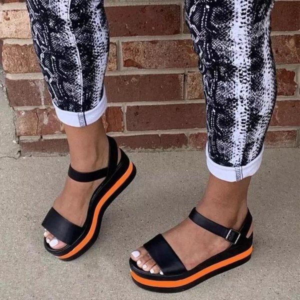 

women's shoes for summer wedge heel color matching ladies sandals buckle large size light and versatile everyday, Black