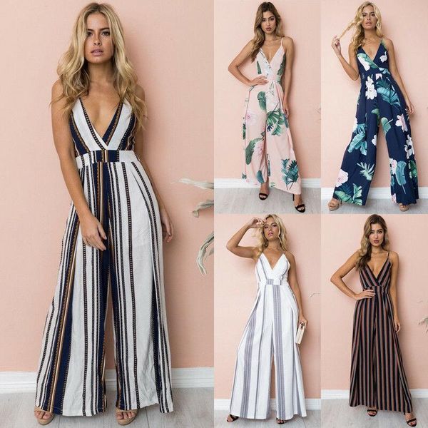

women's jumpsuits & rompers casual floral leaf striped print women jumpsuit summer trousers spaghetti strap v neck backless streetwear, Black;white