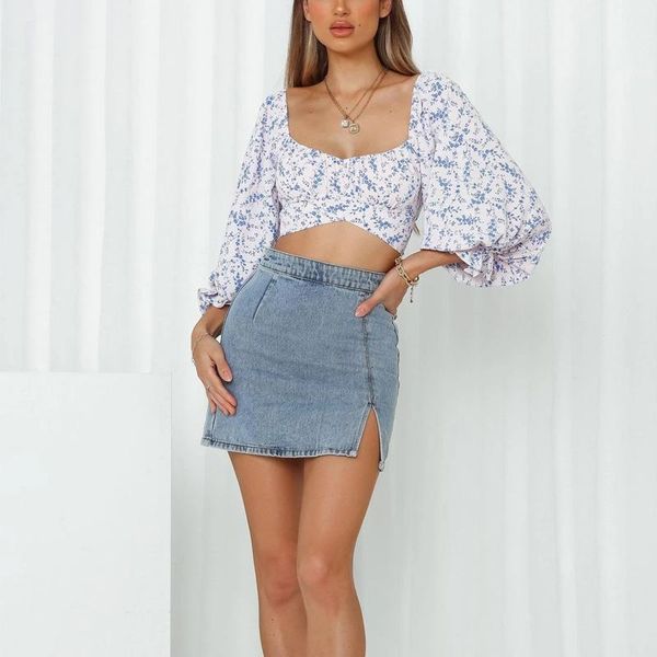 

women's blouses & shirts summer casual printed square collar lantern sleeve bowknot decorated short shirt, White