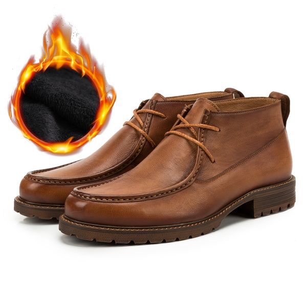 

Men Retro Autumn Winter Boots Manual Cow Leather Fashion Ankle Boots Round Toe Lace-up Sewing Martins Boots Coffee Color Brown, Yellow