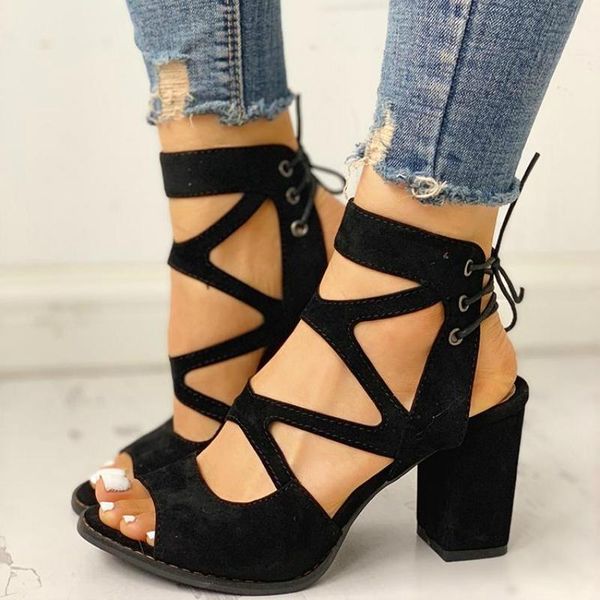 

gladiator sandals women summer chunky heel peep toe back strap cross-tied fashion elegant party dress shoes ladies female, Black