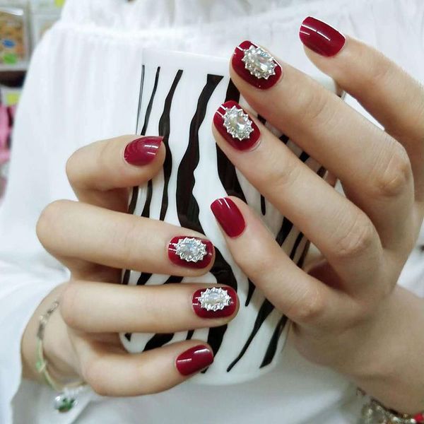 

false nails solid color patch acrylic full cover fake tips wine red with handmade crystal glue, Red;gold