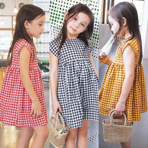 

girl's dresses 2021 summer fashion korean baby short sleeve princess dress children's girls plaid, Red;yellow