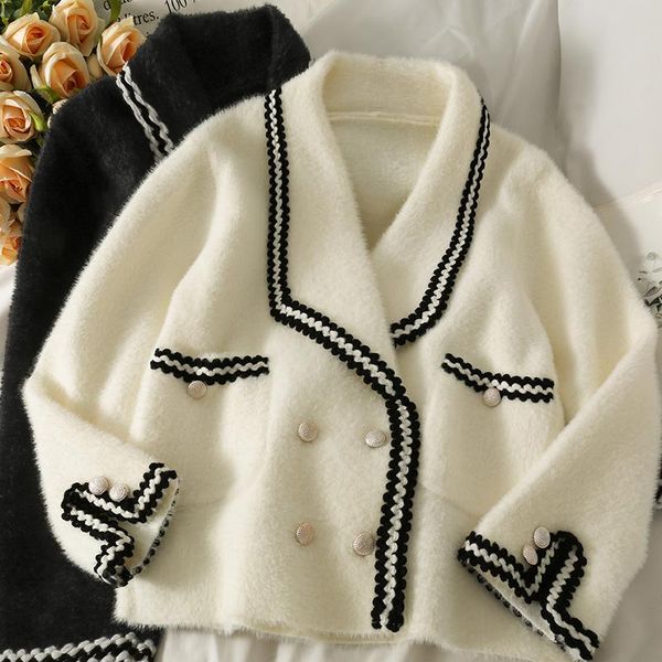 

women's knits & tees elegant mink sweater cardigans winter 2021 striped loose jacket korean double-breasted long-sleeved knit top, White