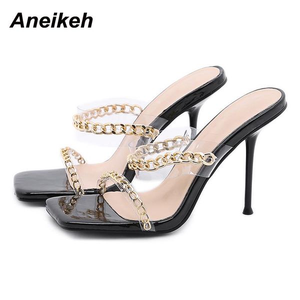 

slippers aneikeh summer solid women shoes stiletto heels shallow metal decoratio pvc chain slides concise fashion party, Black