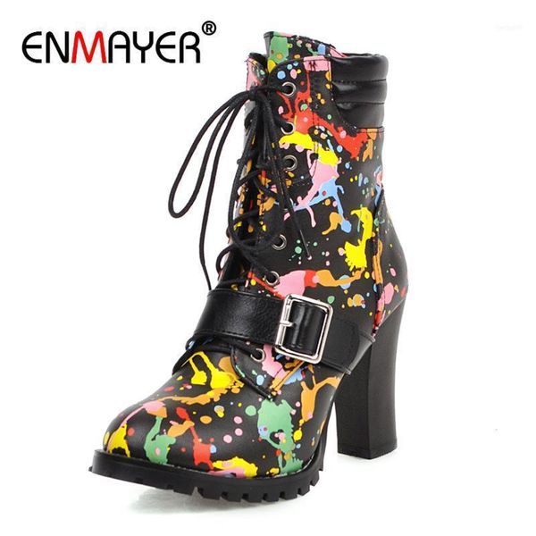 

boots enmayer lace-up square heel ankle for women graffiti pu short plush buckle round toe super high shoes winter heel11, Black