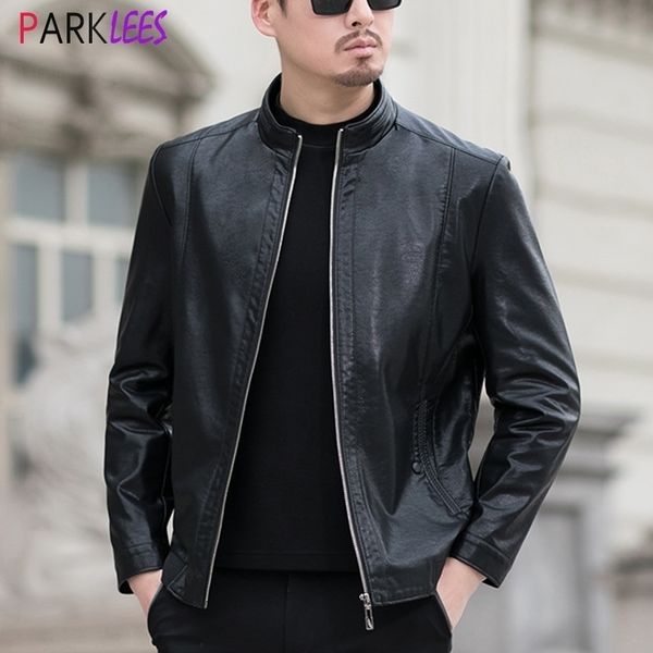 

men's stand collar bomber faux leather jacket winter zipper front pu leather baseball jacket coat chaquetas hombre 5xl 210522, Black