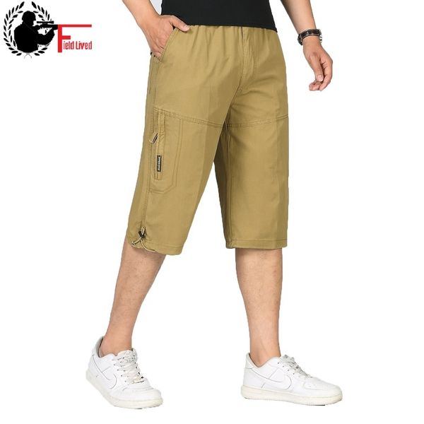

summer men's baggy multi pocket military zipper cargo short breeches long army green khaki bermuda male capris plus big size 210518, White;black