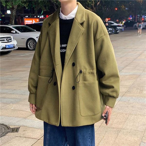 

men's wool & blends winter short woolen coat fashion casual pocket jacket men streetwear korean loose outwear mens overcoat, Black