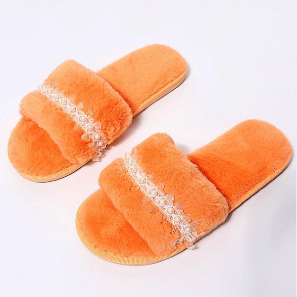 

slippers women home fur vogue pearl decoration lace edge design winter ladies bedroom girls plush shoes, Black