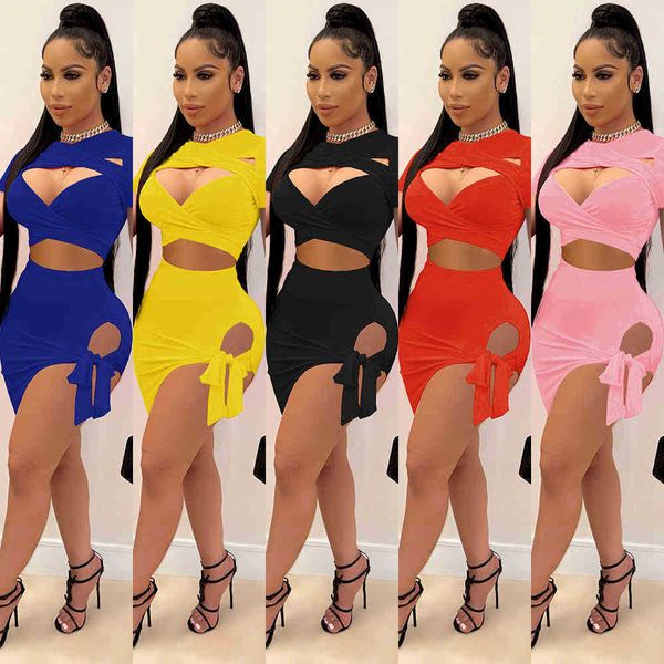 

womens two piece dress nightclub hollow out irregular bow tie dresses designer fashion solid color short sleeve skirt, White