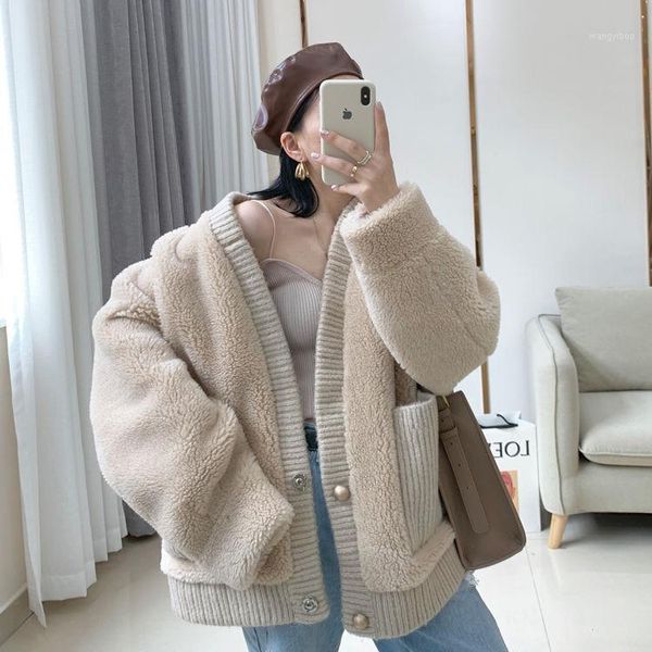 

women's fur & faux herstory women winter lambswool coats vintage female loose thick single breasted cardigans casual lady warm outwears, Black