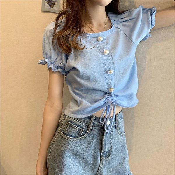 

women's t-shirt purple little fresh french retro plaid summer pleated drawstring short bubble sleeve foreign style ice silk, White