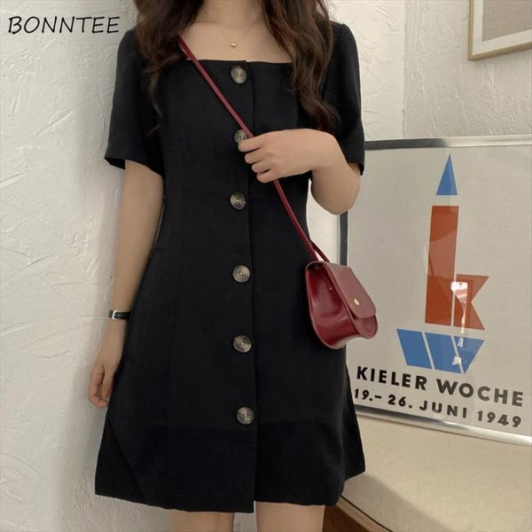 

summer trendy korean women dresses high waist slim square collar black chic button elegant simple sweet girls party, Black;gray