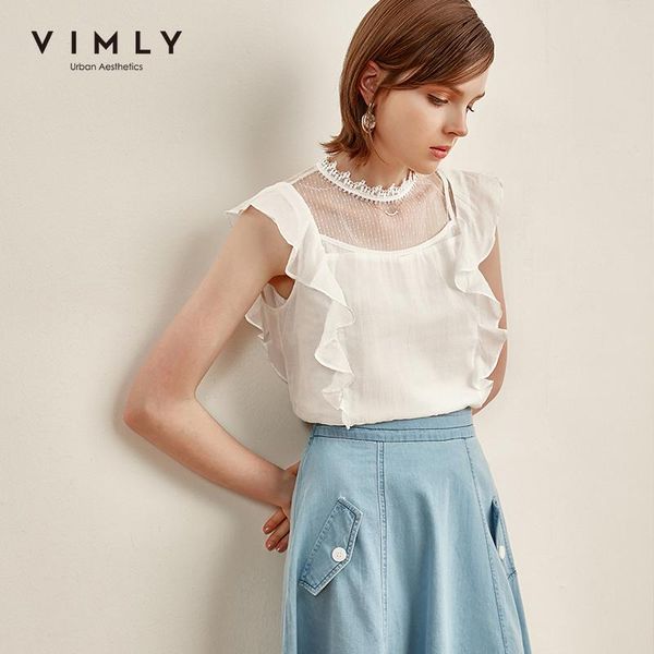 

women's blouses & shirts summer women lace patchwork tee office lady ruffles solid sleeveless elegant female f1582, White