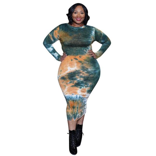 

plus size dresses fall tie dye maxi for women high waist dress elegant crew neck long sleeve big bodycon 5xl, Black