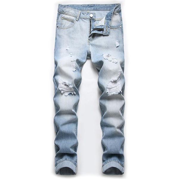 

men straight slim motorcycle jeans long torn knee jeans men casual fashion brand holes long, Blue