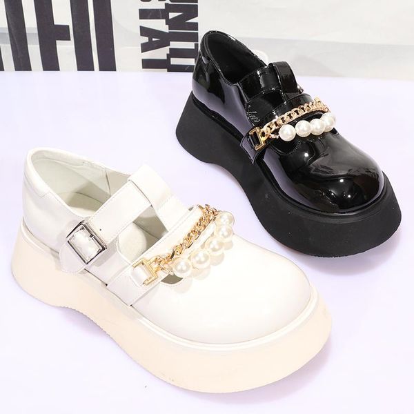 

dress shoes women leather 2021 pearl anklet one-line thick-soled wedges mary jane uniform big-toed patent, Black