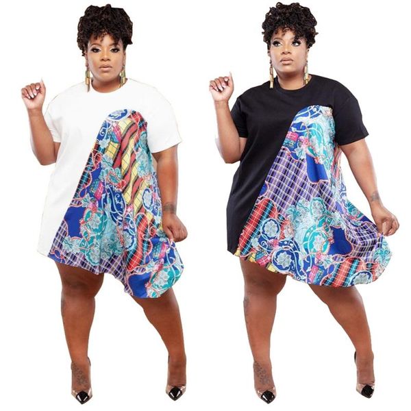 

plus size dresses summer dress 3xl 4xl fashion round neck short sleeve stitching contrast print casual wholesale drop, Black