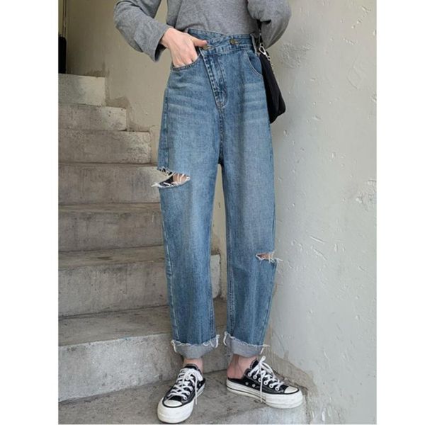 

women's jeans spring and autumn clothing 2021 ripped straight loose daddy pants wild wide-leg trousers tide ins, Blue