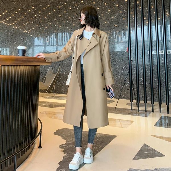 

women's trench coats autumn coat long british style 2021 fashion korean loose temperament design clothing, Tan;black