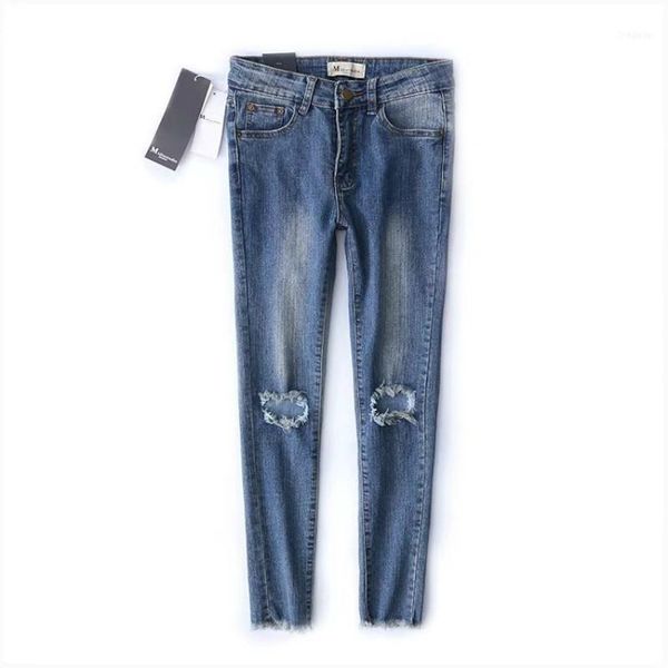 

arrival women's clothes for autumn jeans thin high waist holes tassel elastic female denim slim pencil trousers xs-l1, Blue