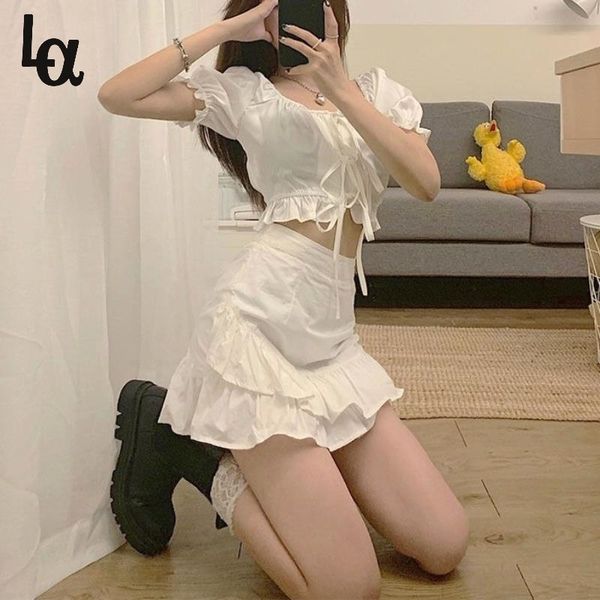 

summer white elegant skirt suits women korean sweet chic bandage o-neck casual puff sleeve suit party blouse 210519