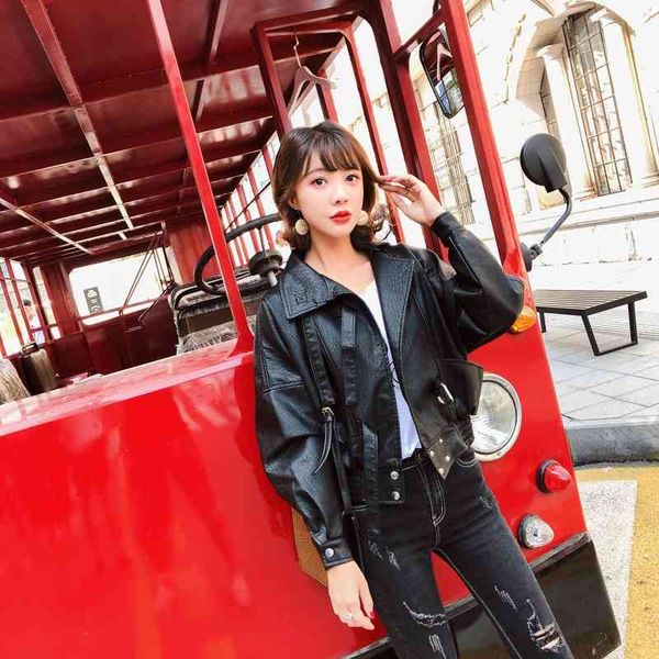 

autumn and winter new lapel motorcycle pu leather women's loose jacket short, Black