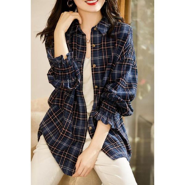 

women's blouses & shirts simple plaid shirt long-sleeved loose korean version of autumn dress design sense niche wear cotton port flavo, White