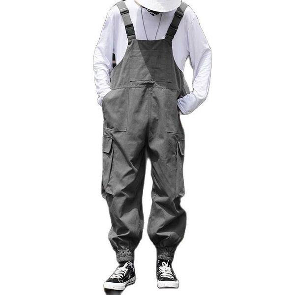 

men's pants jumpsuit solid color loose street wear fashion bib with multiple pockets 2021 casual cargo 5xl, Black