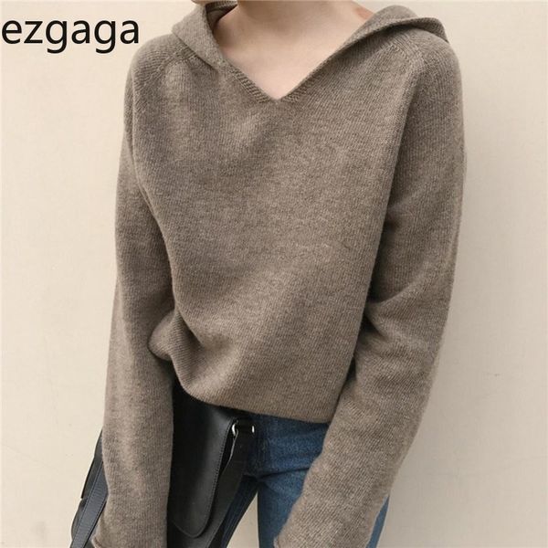 

ezgaga knitted hoodies women fashion autumn thin base solid loose long sleeve sweatshirt streetwear harajuku ladies casual 210430, Black