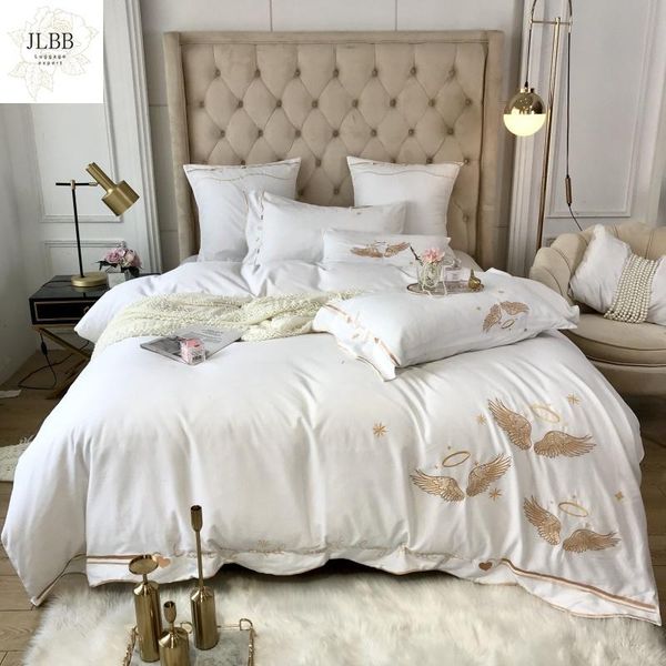 

bedding sets white blue purple gray 100% cotton sanding set gold angel wings embroidery duvet cover bed linen fitted sheet pillowcase