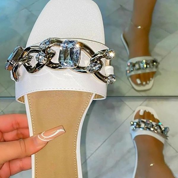 

slippers 2021 fashion women slipper rhinestone chain mules shoes flat heels square head casual slides sandy beach woman, Black