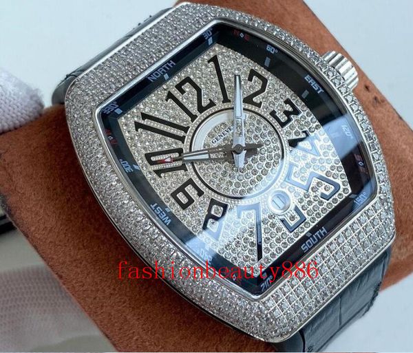 

men's full diamond watch automatic mechanical movement blue light coated glass cow belt bottom rubber folding buckle 54 * 42mm, Slivery;brown