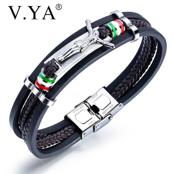 

charm bracelets v.ya vintage jesus braided black bangle for male multicolor multilayers pu leather adjustable bracelet men gift, Golden;silver