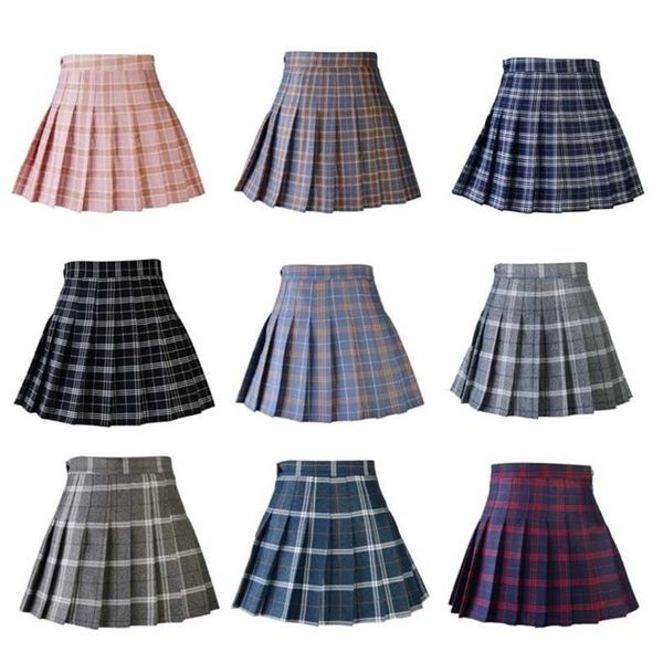 

women fall/winter skirt high waist folded a line above knee length tennis skirt harajuku plaid 211214, Black