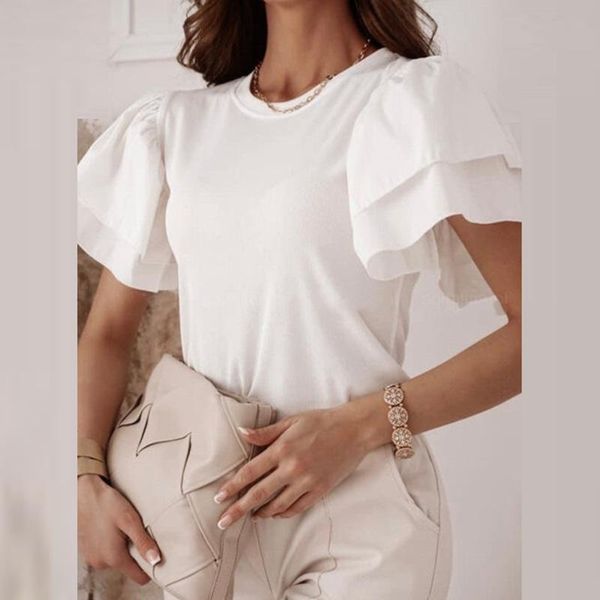 

women's blouses & shirts fashion ruffle short sleeve women blouse elegant o-neck solid pullover casual loose office lady femme blusa, White