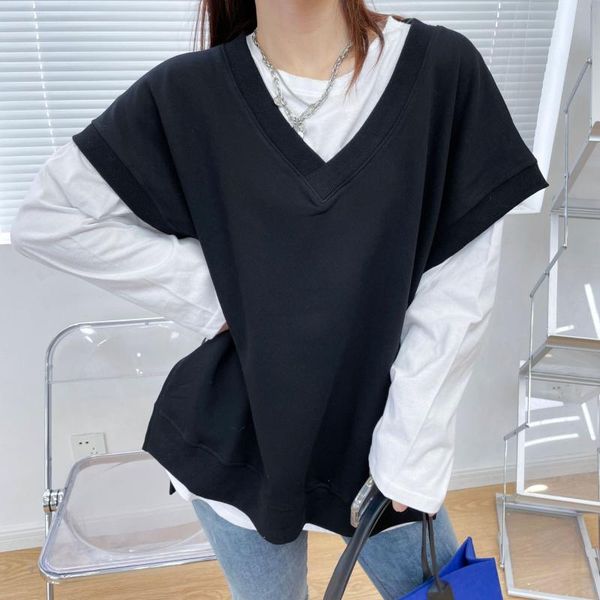 

women's vests v neck tank 2021 fall simple plain loose terry casual oversized pullovers black, Black;white