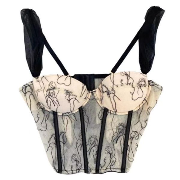 

women's tanks & camis women spaghetti strap mesh corset crop embroidery boned bustier camisole, White
