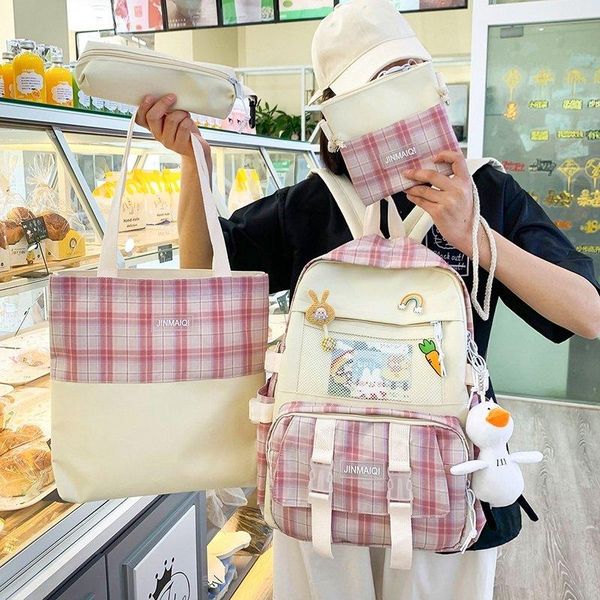 

backpack 4pcs/set japanese schoolbag large capacity plaid bag women female travel storage shoudler bags students lapbookbag