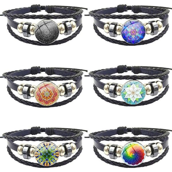 

charm bracelets for women gift steampunk jewelry glass cabochon black leather bracelet bangle flower of life dazzling blue kaleidoscope mand, Golden;silver