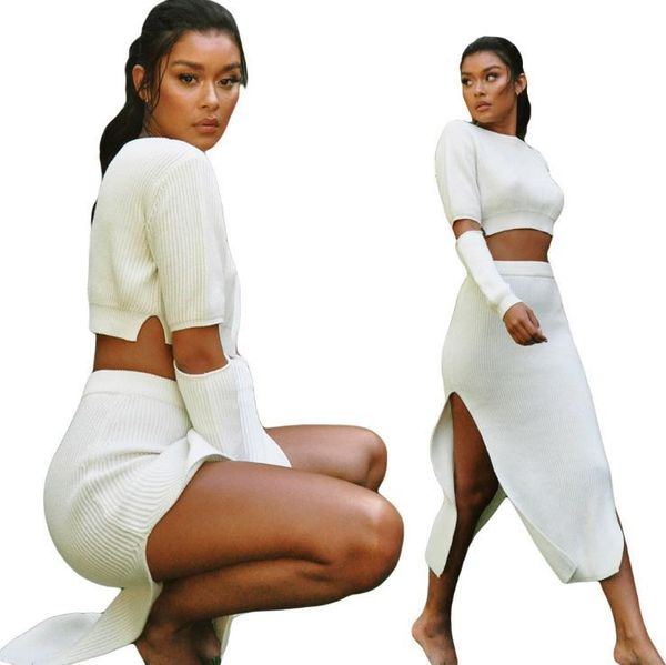 

women's two piece pants fall and winter 2021 style, fashionable european sexy, irregular side fork, skirt suit, White