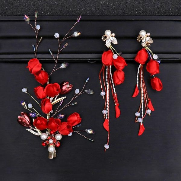 

hair clips & barrettes vintage red jewelry pearl crystal pins and tassel clip earrings sets women rose flower bridal wedding accessor bn, Golden;silver