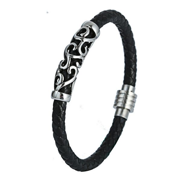 

design jewelry titanium magnetic buckle bracelet woven leather rope stainless steel casting pattern hollow out accessories leather bracelet, White