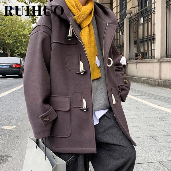 

men's wool & blends ruihuo horn button hooded long mens coats winter trench jacket men clothing m-2xl 2021 autumn arrivals, Black