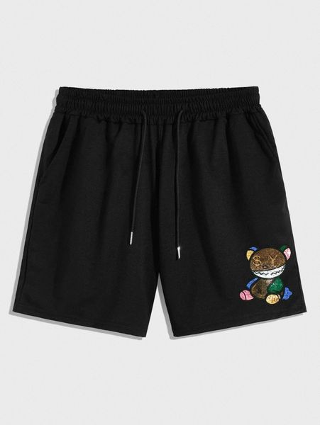 

romwe guys cartoon bear embroidery drawstring shorts 13ji#, Black